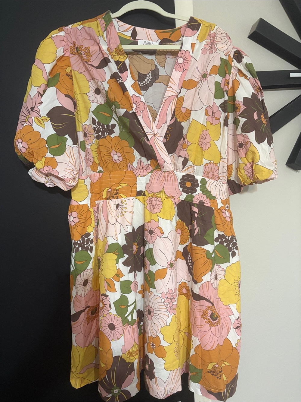 Authentic AVARA Floral Puff Sleeve Dress in Pink, Mustard & Olive,  size XXL